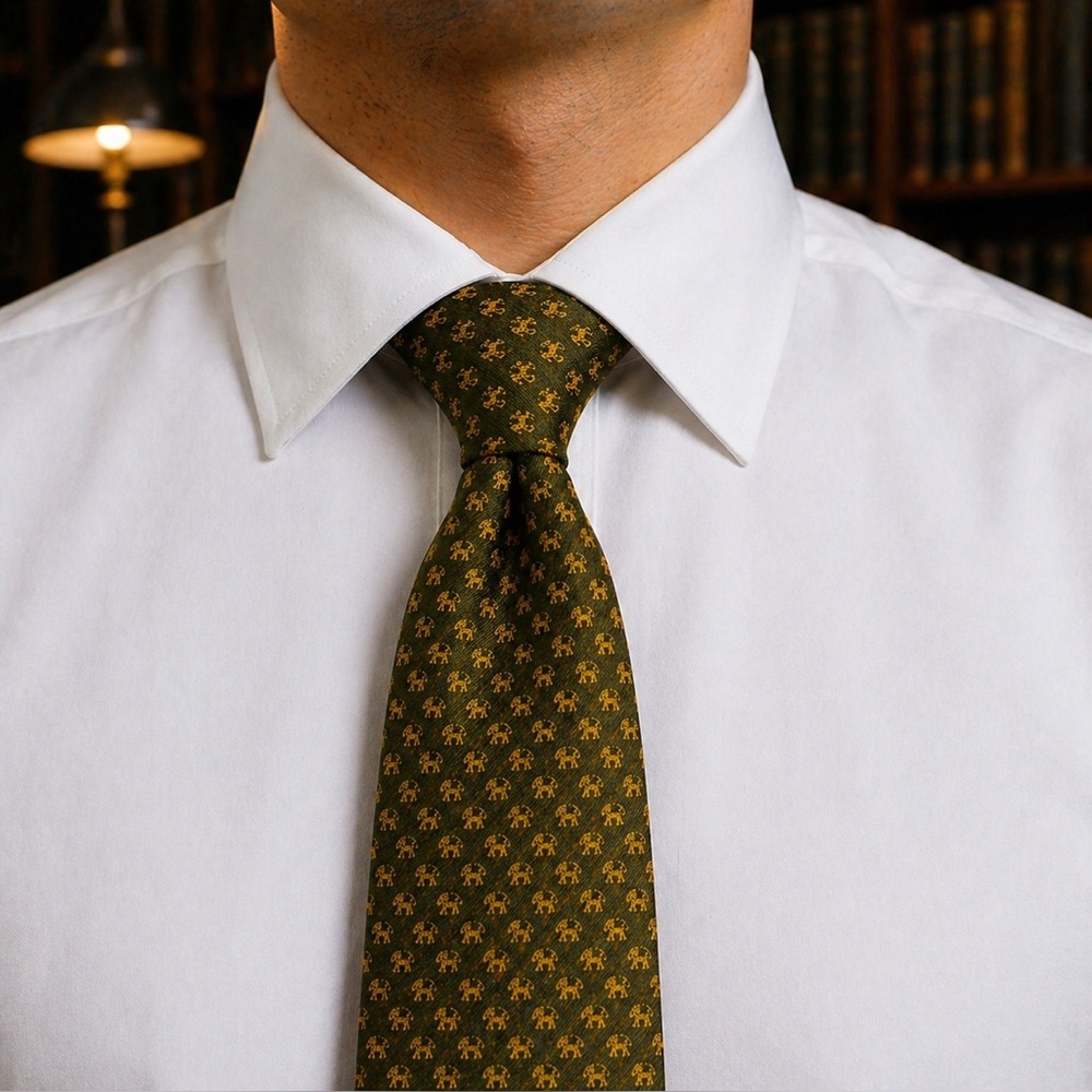 Salvatore Ferragamo Olive and Yellow Silk Micro-Pattern Tie
